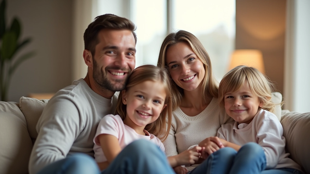 Rodina s dětmi sedí v obývacím pokoji a diskutuje o domácích financích