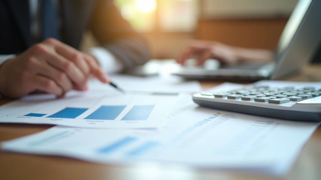 Účetní tabulka s finančními údaji a kalkulačkou na pracovním stole