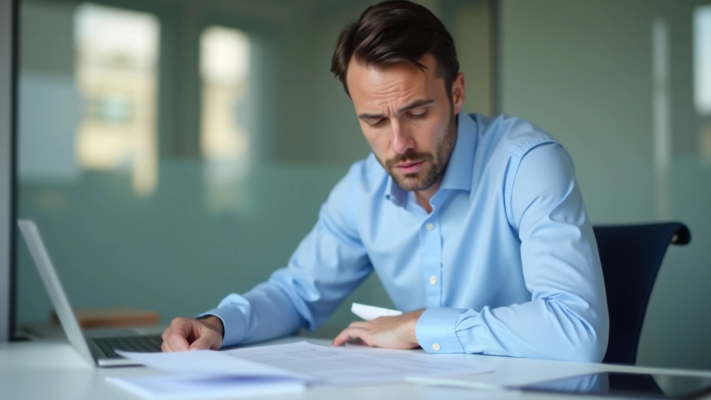 Muž v kanceláři si prohlíží faktury a podklady ke svým příjmům